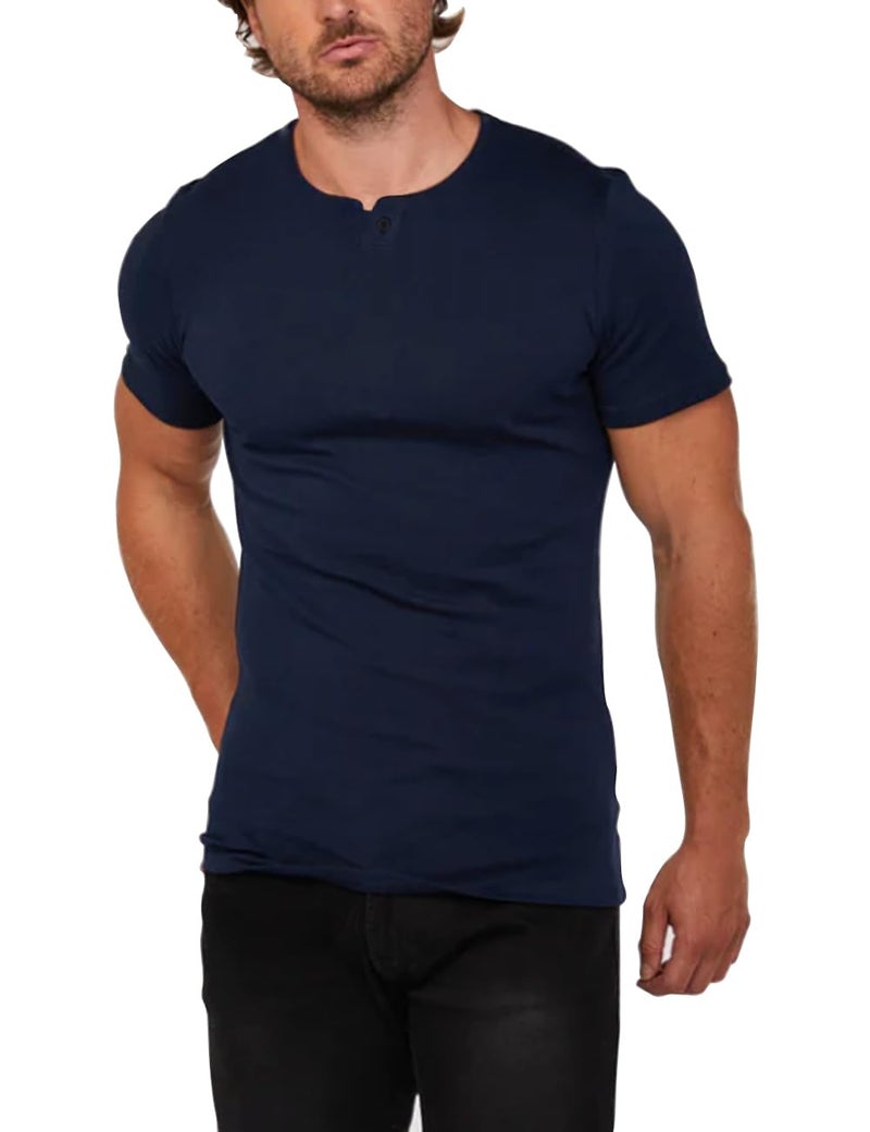palglg Mens Short Sleeve Cotton Muscle Slim Fitted Sport Henley T-Shirt with Button Navy Blue L - Image 1